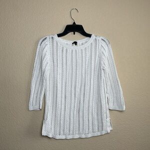 Talbots Womens Medium White Linen Blend Crewneck Crochet Knit Sweater Split‎ Hem